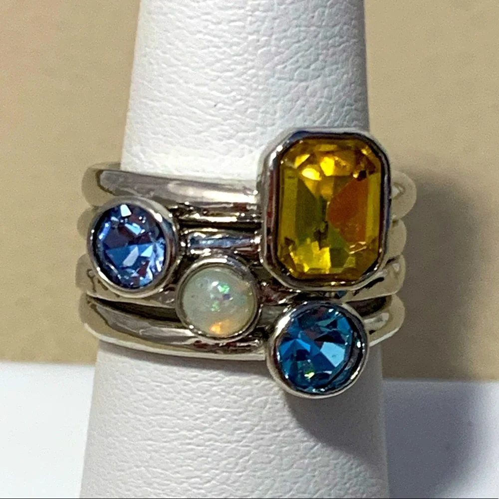 Set Of Four Silver Stackable Rings With Gemstones